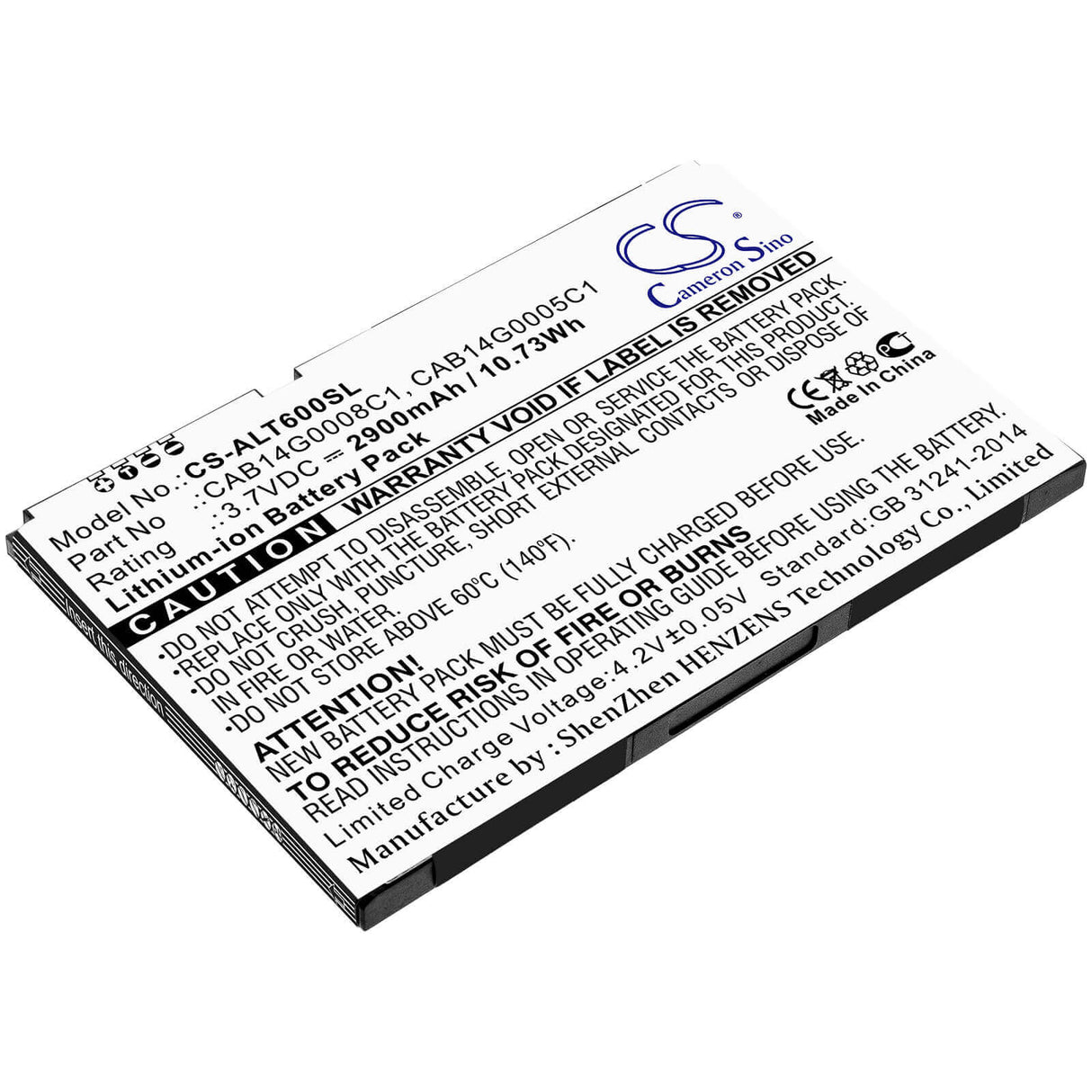 3.7V, Li-ion, 2900mAh, Tablet battery fits Alcatel, Cab14g0005c1, One Touch T60, Ot-t60, 10.73Wh Tablet Cameron Sino Technology Limited