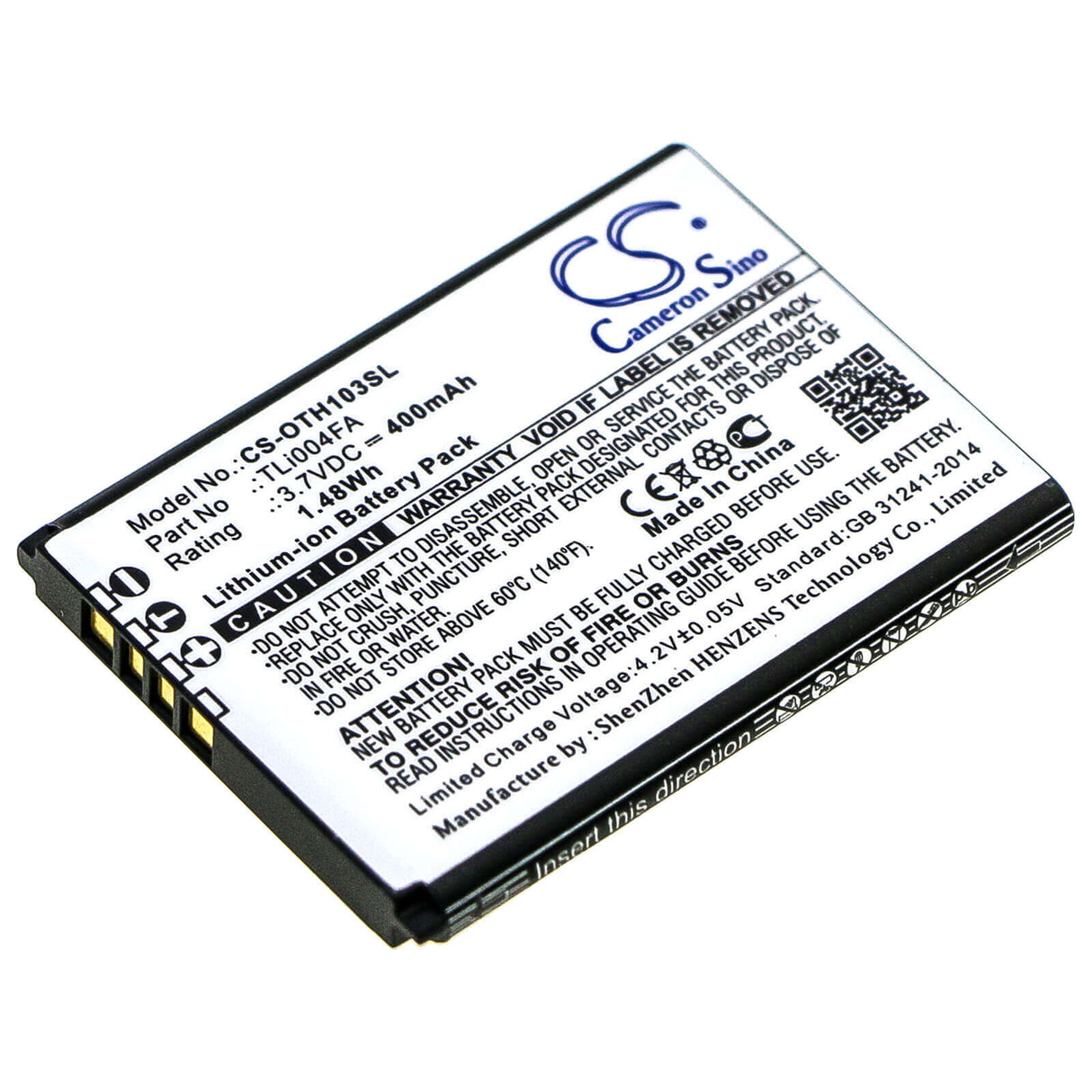 3,7V, Li-ion, 400mAh, Batterie de smartphone compatible Alcatel, Tli004fa, Onetouch 1013x, Onetouch 1035d, 1,48Wh Mobile, Smartphone Cameron Sino Technology Limited (Smartphone)