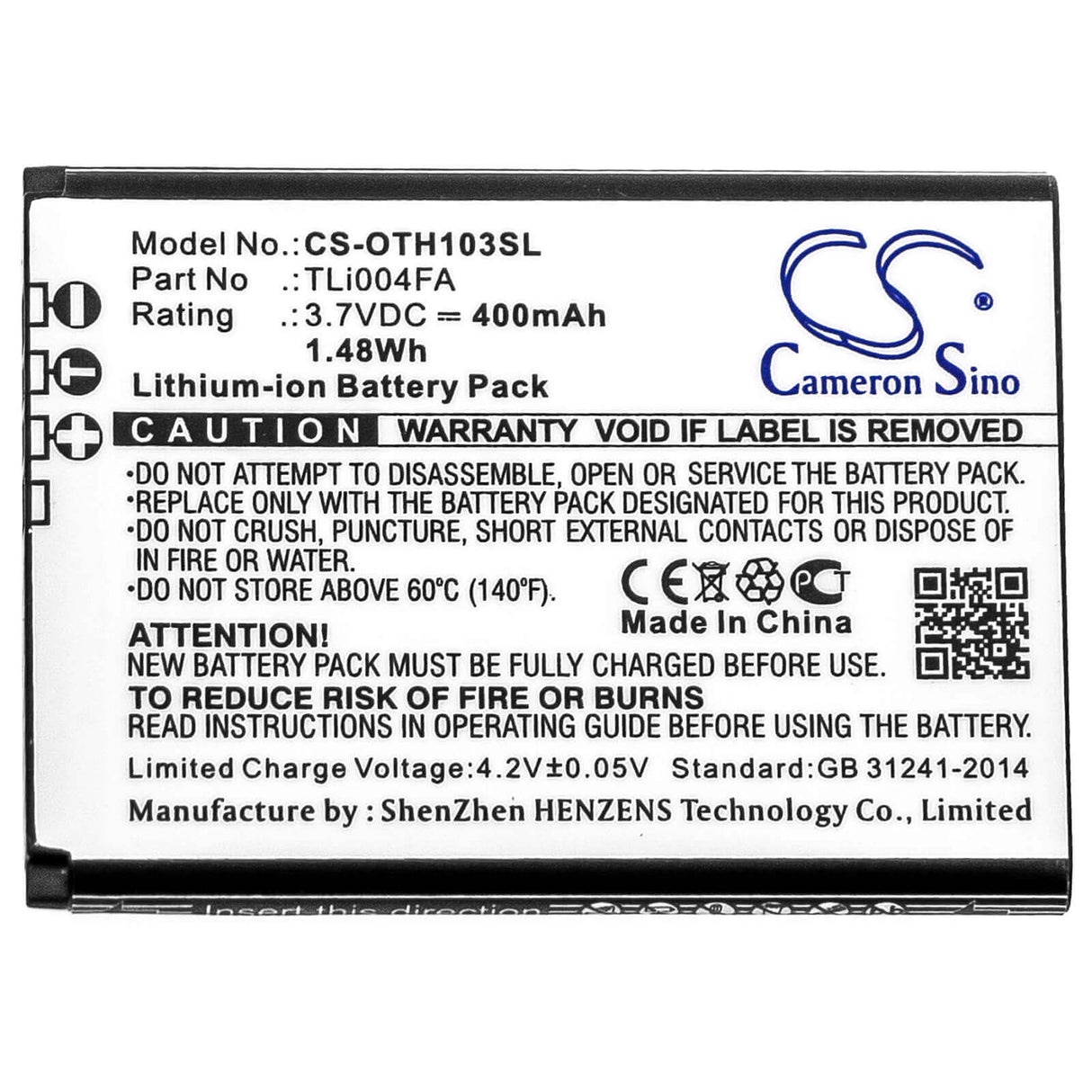 3,7V, Li-ion, 400mAh, Batterie de smartphone compatible Alcatel, Tli004fa, Onetouch 1013x, Onetouch 1035d, 1,48Wh Mobile, Smartphone Cameron Sino Technology Limited (Smartphone)