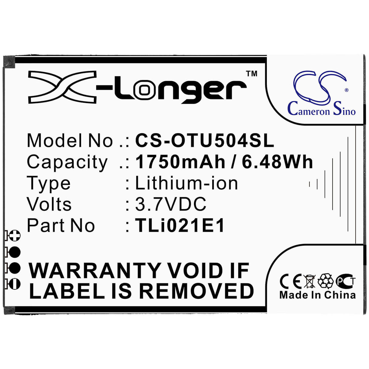 3,7V, Li-ion, 1750mAh, batterie de smartphone compatible Alcatel, Cab2150008c1, Ot-5047u, U5 Hd, 6,48Wh Mobile, Smartphone Cameron Sino Technology Limited (Smartphone)