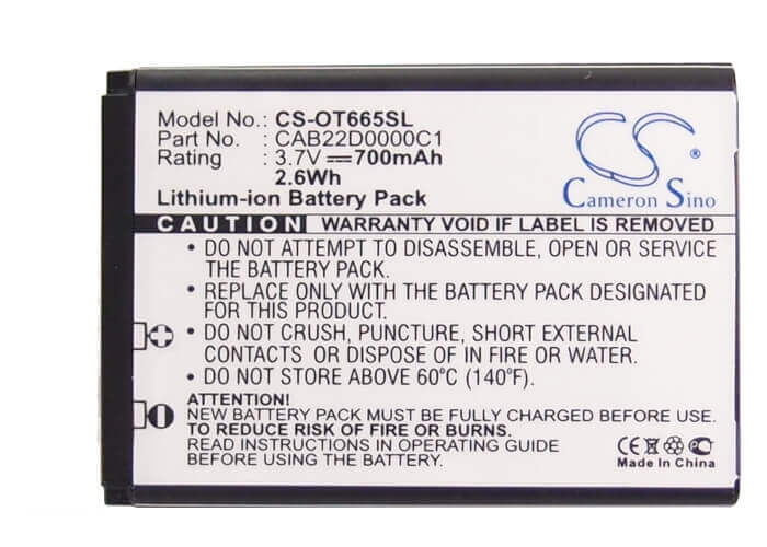 3.7V, Li-ion, 700mAh, batterie de smartphone compatible avec Alcatel, T-mobile, Cab22b0000c1, 2010d, One Touch 20.12d, 2.59Wh Mobile, smartphone Cameron Sino Technology Limited (Smartphone)