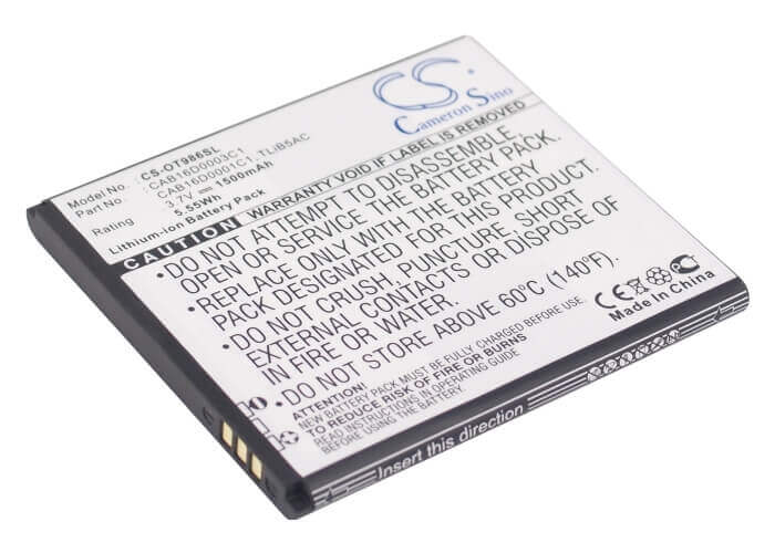 3.7V, Li-ion, 1500mAh, SmartPhone battery fits Tcl, Alcatel, Cab16d0001c1, Ak47, One Touch 986, 5.55Wh Mobile, SmartPhone Cameron Sino Technology Limited (Suspended)