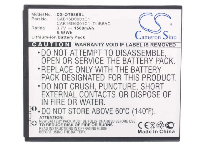 3.7V, Li-ion, 1500mAh, SmartPhone battery fits Tcl, Alcatel, Cab16d0001c1, Ak47, One Touch 986, 5.55Wh Mobile, SmartPhone Cameron Sino Technology Limited (Suspended)