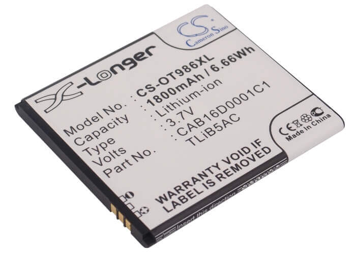 3.7V, Li-ion, 1800mAh, SmartPhone battery fits Alcatel, Cab16d0001c1, Ak47, One Touch 986, 6.66Wh Mobile, SmartPhone Cameron Sino Technology Limited (Suspended)