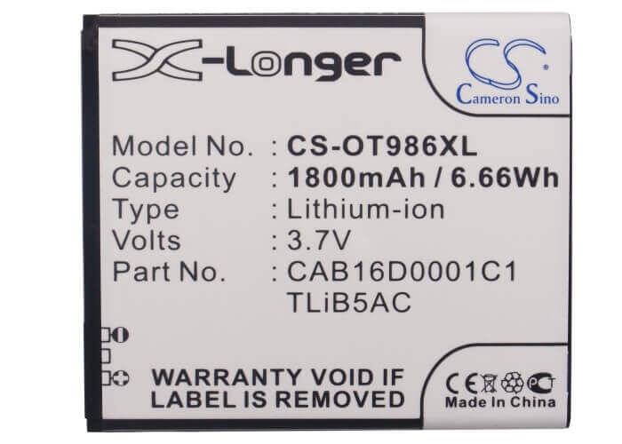 3.7V, Li-ion, 1800mAh, SmartPhone battery fits Alcatel, Cab16d0001c1, Ak47, One Touch 986, 6.66Wh Mobile, SmartPhone Cameron Sino Technology Limited (Suspended)