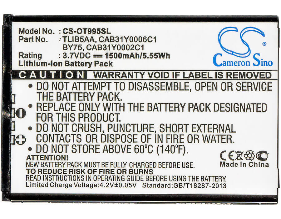 3.7V, Li-ion, 1500mAh, SmartPhone battery fits Mtc, Tcl, Megafon, Sfr, Alcatel, By75, One Touch 993d, One Touch 995, 5.55Wh Mobile, SmartPhone Cameron Sino Technology Limited (Smartphone)