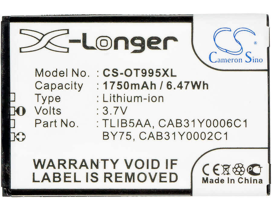3.7V, Li-ion, 1750mAh, SmartPhone battery fits Srf, Mегафон, Megafon, Mtc, Tcl, Alcatel, By75, One Touch 993d, One Touch 995, 6.48Wh Mobile, SmartPhone Cameron Sino Technology Limited (Smartphone)