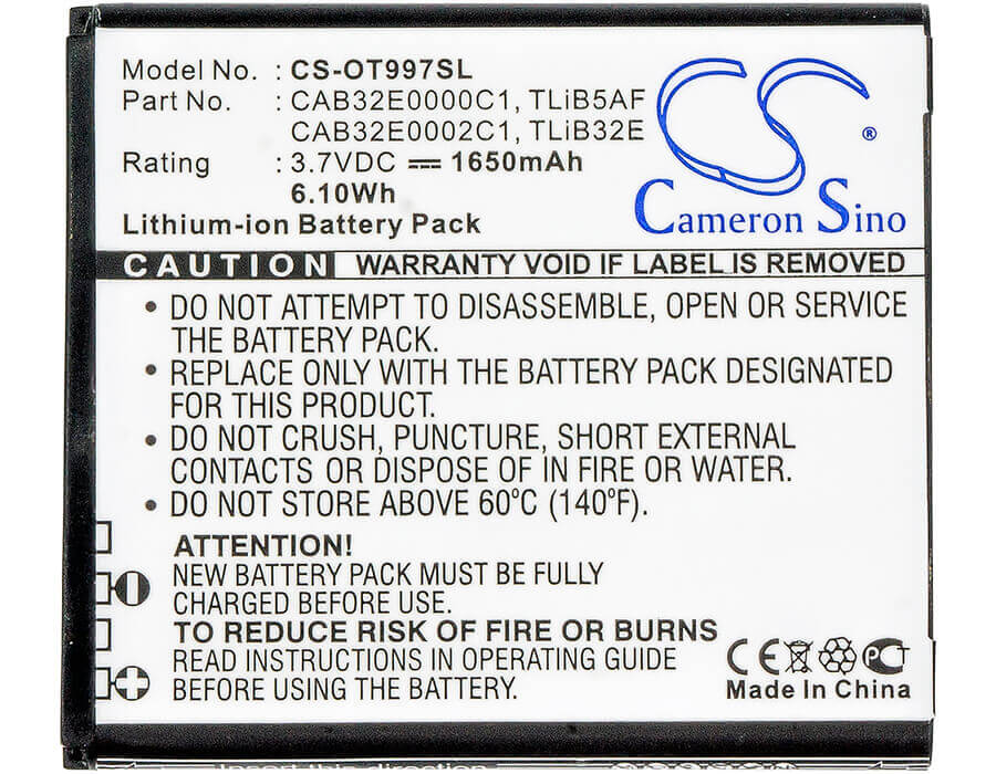 3,7V, Li-ion, 1650mAh, batterie Hotspot compatible avec Base, Base, Alcatel, Alcatel, Tcl, Tcl, Cab32e0000c1, Linkzone 41, Linkzone 5271, 6,11Wh Hotspot Cameron Sino Technology Limited