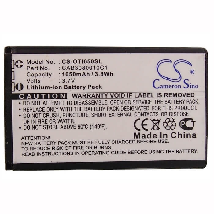 3.7V, Li-ion, 1050mAh, SmartPhone battery fits Alcatel, Cab3080010c1, Ot-i650, 3.89Wh Mobile, SmartPhone Cameron Sino Technology Limited (Suspended)
