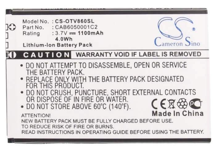 3.7V, Li-ion, 1100mAh, SmartPhone battery fits Vodafone, Alcatel, Cab6050000c1, Ot-v860, V860, 4.07Wh Mobile, SmartPhone Cameron Sino Technology Limited (Smartphone)