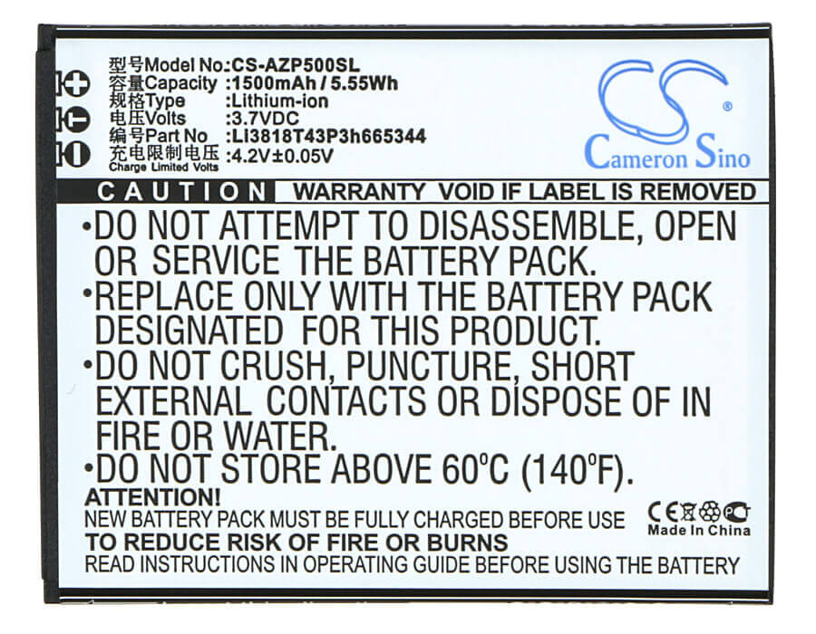3.7V, Li-ion, 1500mAh, SmartPhone battery fits Amazing, Zte, Li3818t43p3h665344, A5s, 5.55Wh Mobile, SmartPhone Cameron Sino Technology Limited (Smartphone)