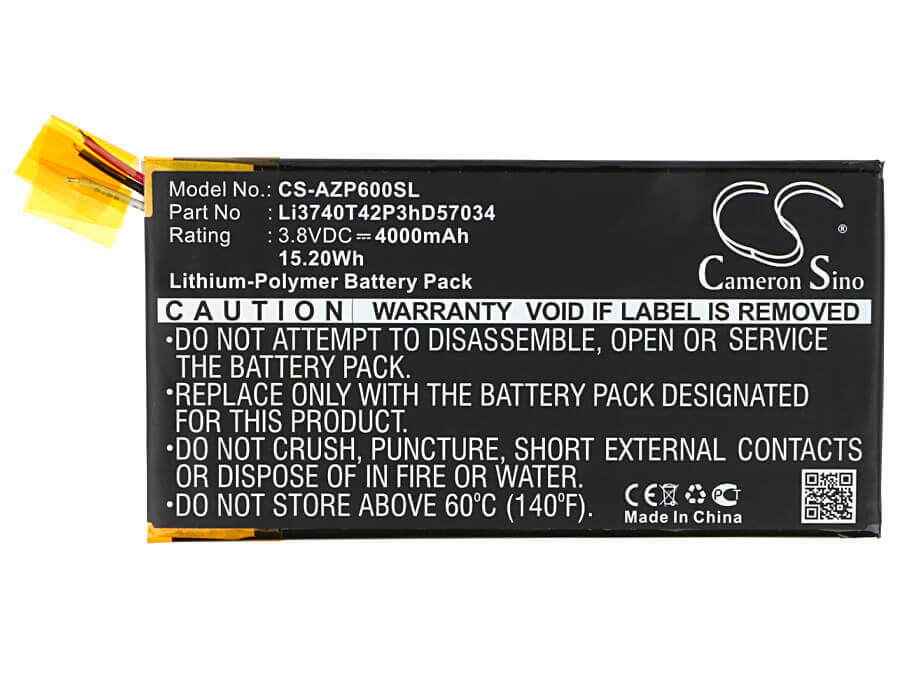 3.8V, Li-Polymer, 4000mAh, SmartPhone battery fits Amazing, Li3740t42p3hd57034, P6, 15.2Wh Mobile, SmartPhone Cameron Sino Technology Limited (Suspended)