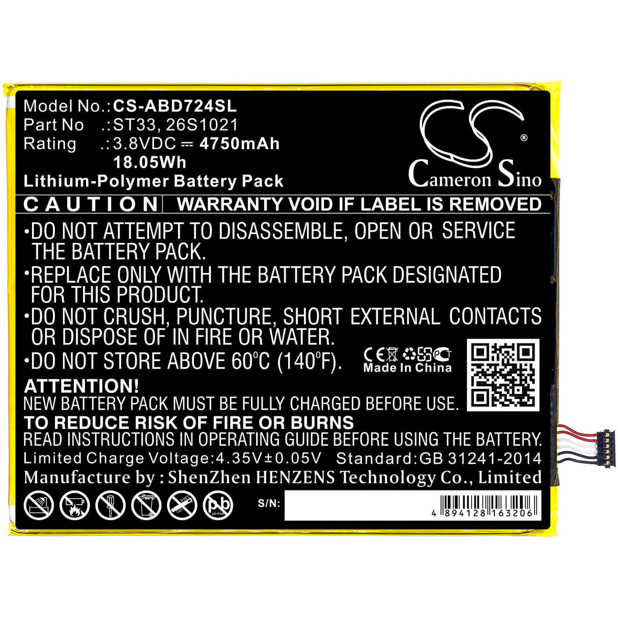 3.8V, Li-Polymer, 4750mAh, Tablet battery fits Amazon, 26s1021, K72ll3, K72ll4, 18.05Wh Tablet Cameron Sino Technology Limited