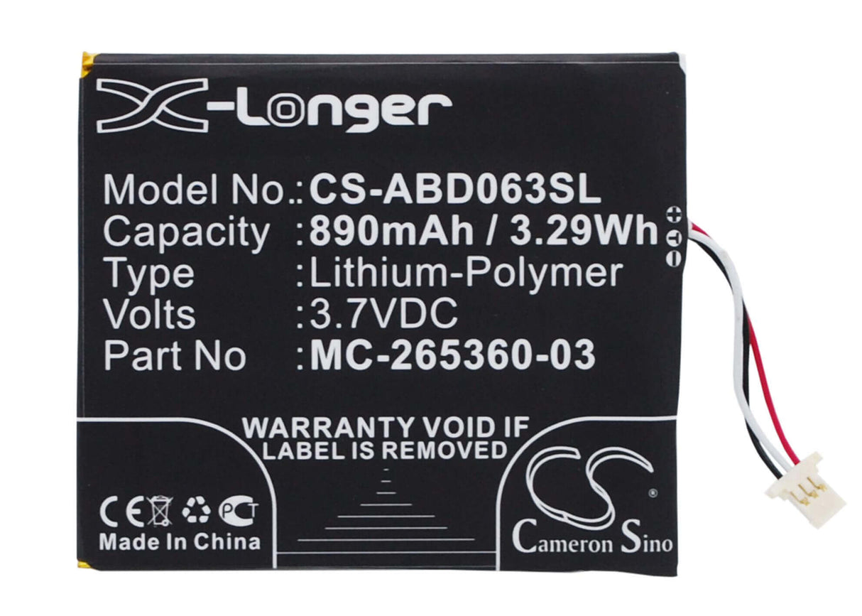 3.7V, Li-Polymer, 890mAh, E-book, E-reader battery fits Amazon, 58-000083, Kindle 499, Kindle 558, 3.29Wh E-book, E-reader Cameron Sino Technology Limited