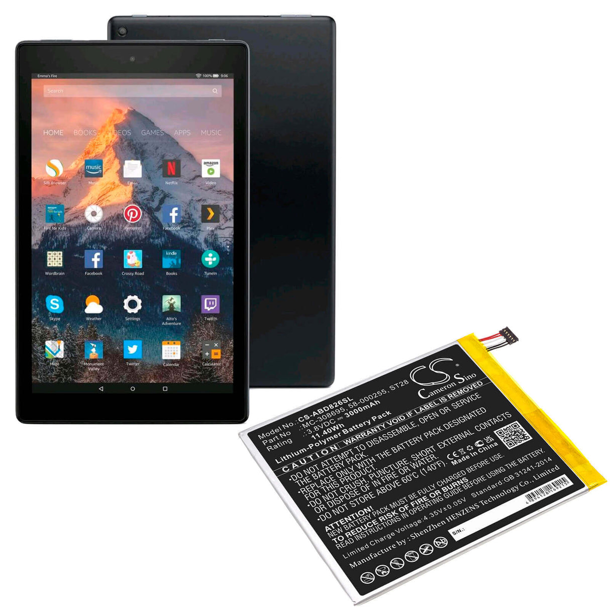 3.8V, Li-Polymer, 3000mAh, Tablet battery fits Amazon, 58-000255, Kindle Fire 2019 9th Generatio, Kindle Fire M8s26g, 11.40Wh Tablet Cameron Sino Technology Limited