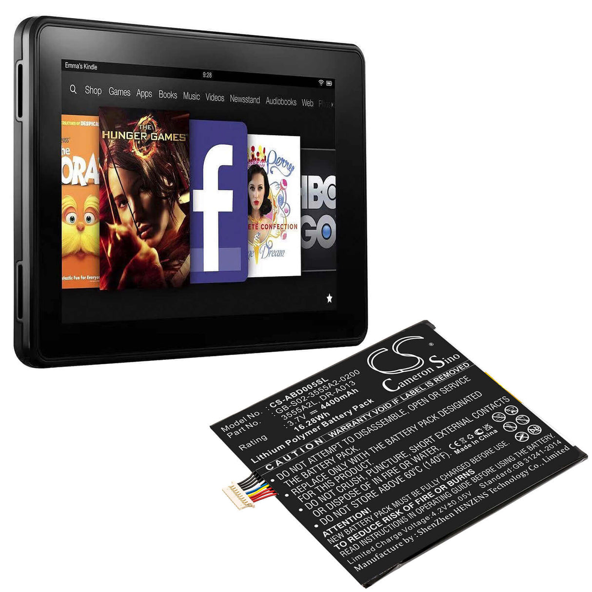 3.7V, Li-Polymer, 4400mAh, Tablet battery fits Amazon, 3555a2l, D01400, Kindle Fire, 16.28Wh Tablet Cameron Sino Technology Limited (Suspended)