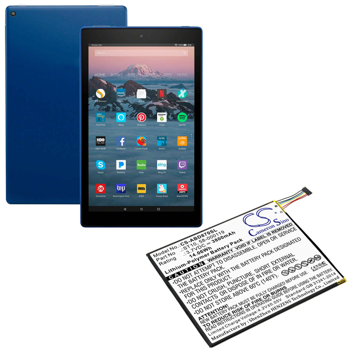 3.7V, Li-Polymer, 3800mAh, Tablet battery fits Amazon, 26s1008, B00vkiy9rg, Kindle Fire Hd 10, 14.06Wh Tablet Cameron Sino Technology Limited