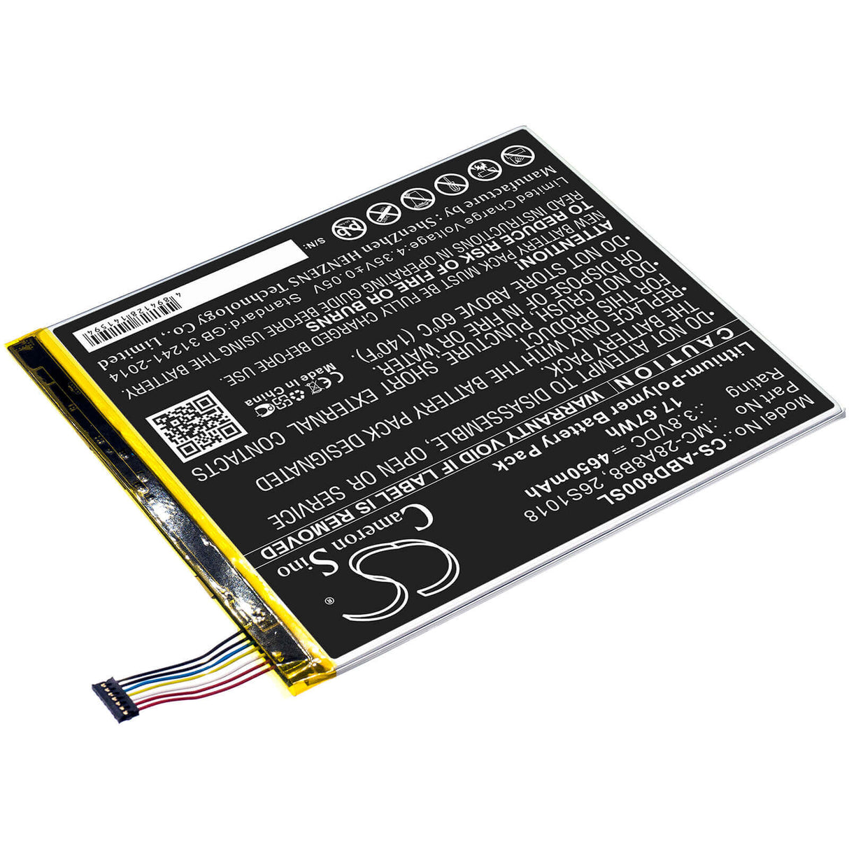 3,8V, Li-Polymer, 4650mAh, Batterie pour tablette compatible Amazon, 26s1018, Kindle Fire Hd 8, Pr53dc, 17,67Wh Tablette Cameron Sino Technology Limited