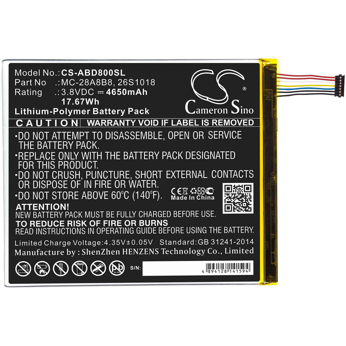 3,8V, Li-Polymer, 4650mAh, Batterie pour tablette compatible Amazon, 26s1018, Kindle Fire Hd 8, Pr53dc, 17,67Wh Tablette Cameron Sino Technology Limited