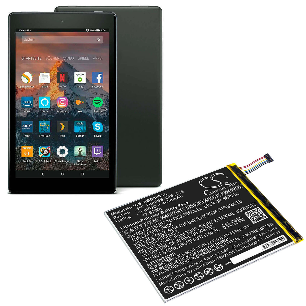 3,8V, Li-Polymer, 4650mAh, Batterie pour tablette compatible Amazon, 26s1018, Kindle Fire Hd 8, Pr53dc, 17,67Wh Tablette Cameron Sino Technology Limited