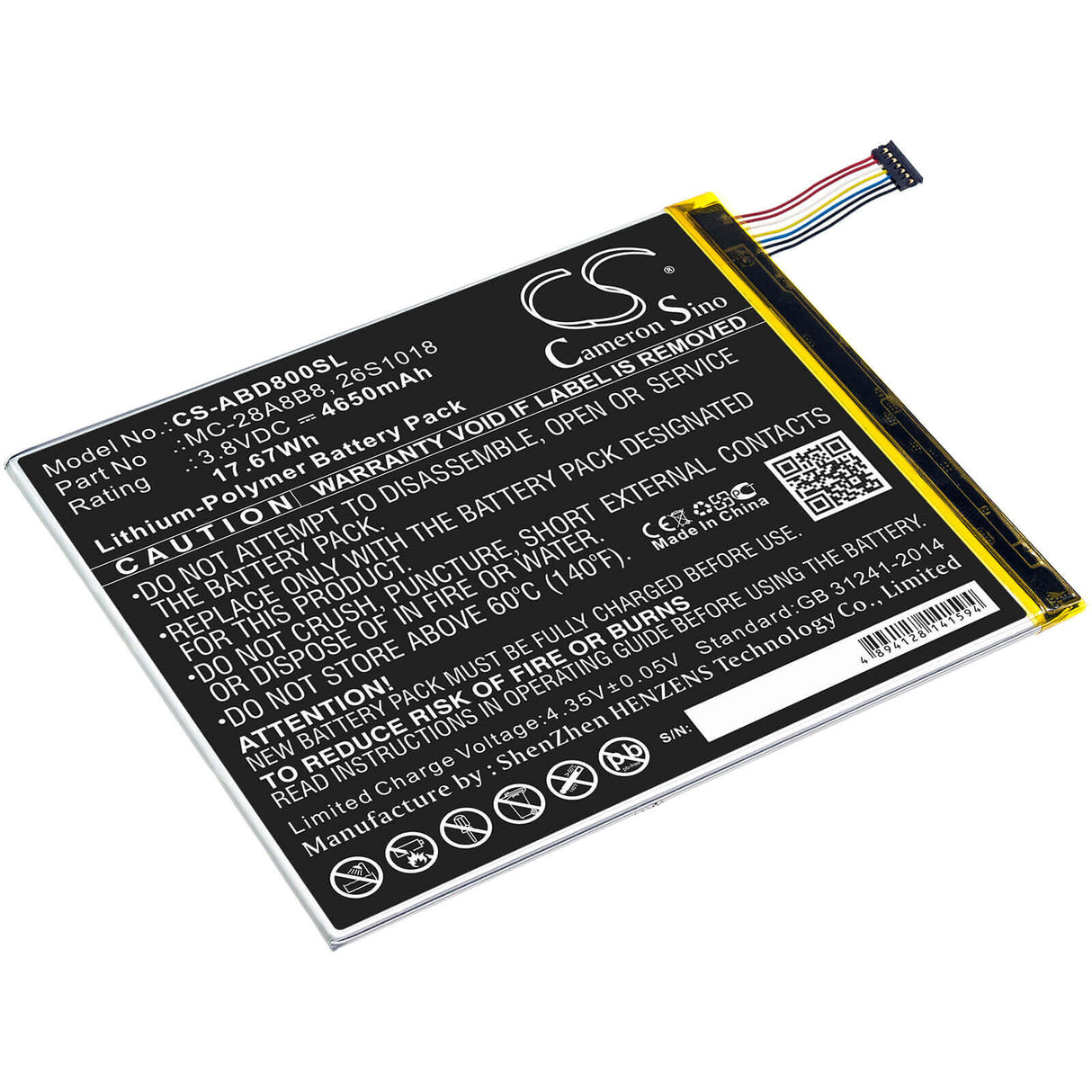 3,8V, Li-Polymer, 4650mAh, Batterie pour tablette compatible Amazon, 26s1018, Kindle Fire Hd 8, Pr53dc, 17,67Wh Tablette Cameron Sino Technology Limited