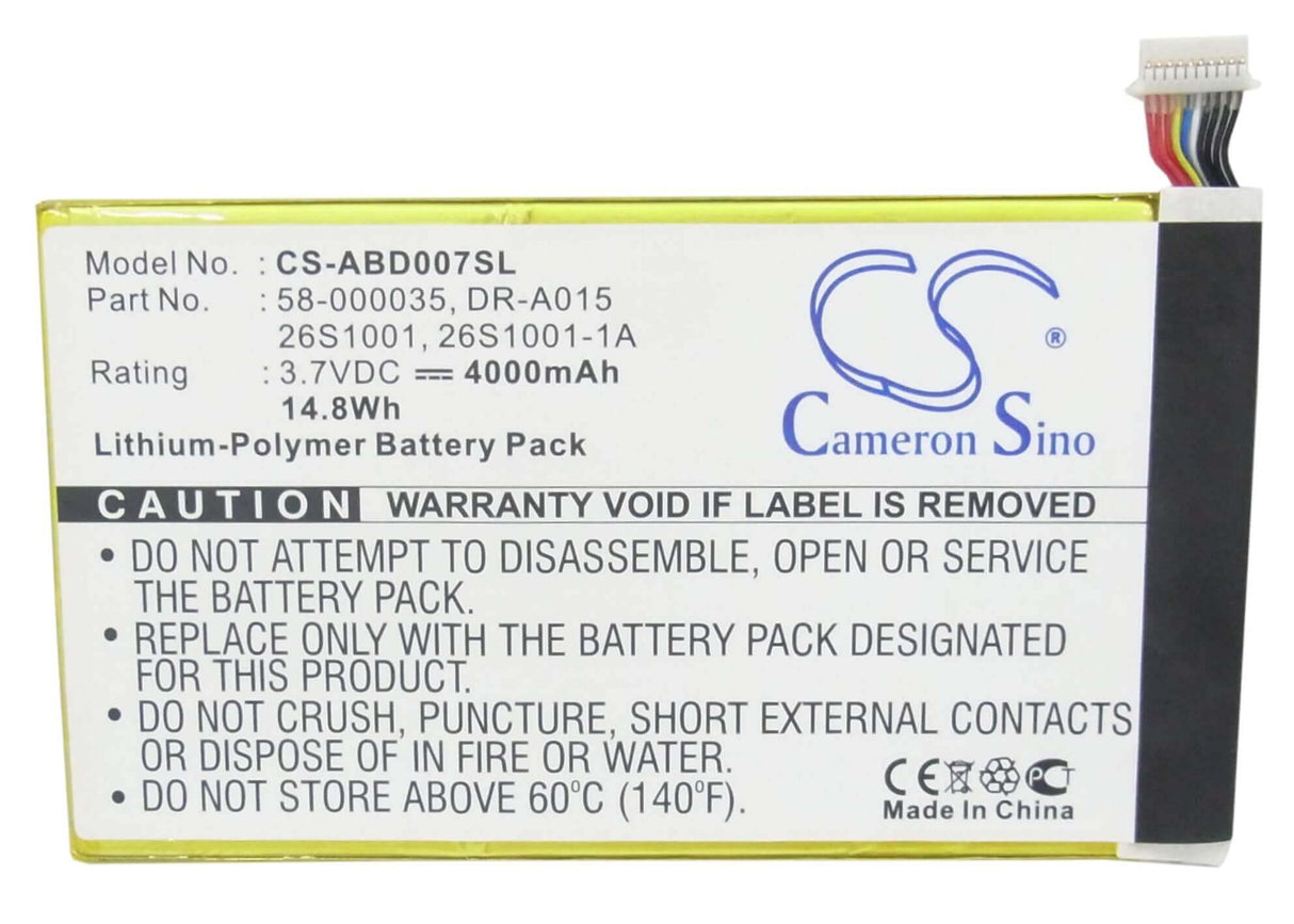 3.7V, Li-Polymer, 4000mAh, Tablet battery fits Amazon, 26s1001, Kc2, Kc2-d, 14.80Wh Tablet Cameron Sino Technology Limited