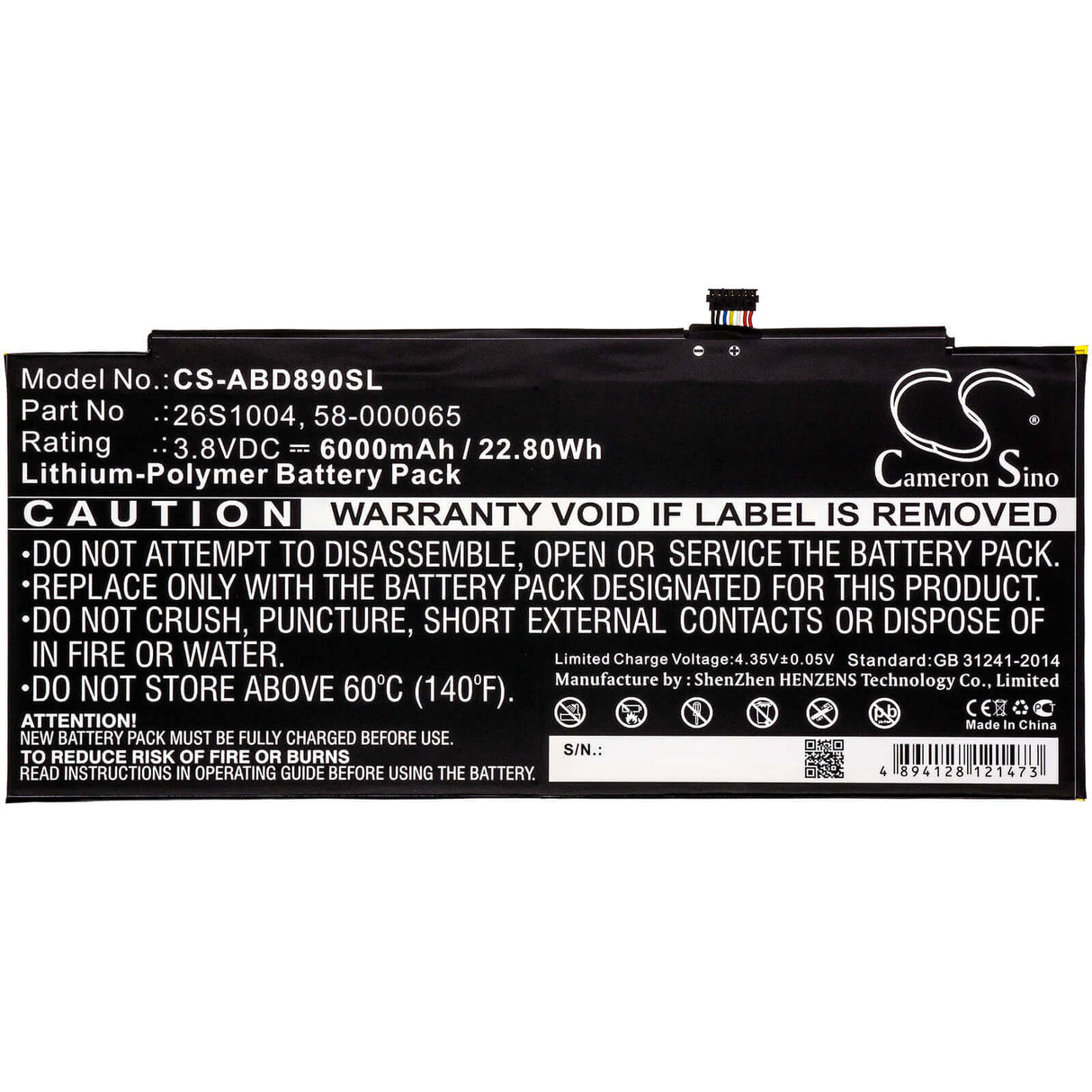 3.8V, Li-Polymer, 6000mAh, Tablet battery fits Amazon, 26s1004, Gpz45rw, Gu045rw, 22.80Wh Tablet Cameron Sino Technology Limited