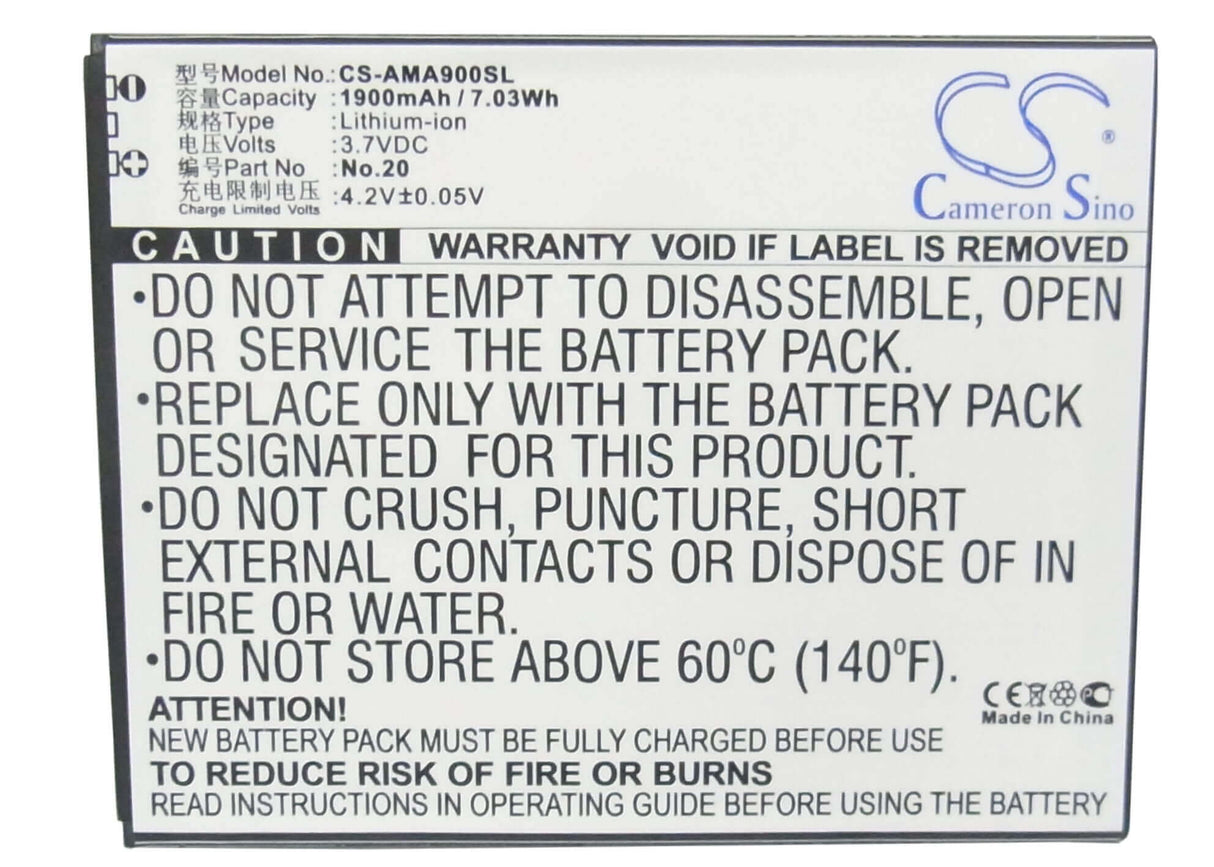 3.7V, Li-ion, 1900mAh, SmartPhone battery fits Amoi, No.20, 862w, A900t, 7.03Wh Mobile, SmartPhone Cameron Sino Technology Limited (Suspended)