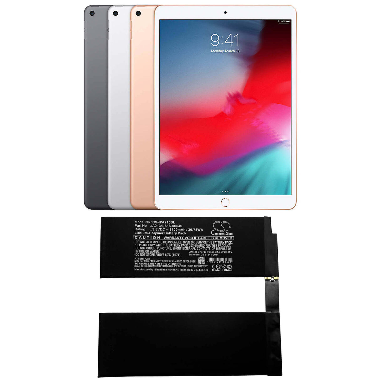 3.8V, Li-Polymer, 8100mAh, Tablet battery fits Apple, 616-00540, A2123, A2152, 30.78Wh Tablet Cameron Sino Technology Limited