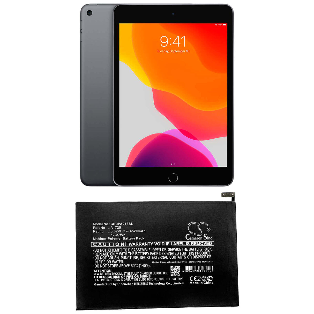 3.82V, Li-Polymer, 4520mAh, Tablet battery fits Apple, A1725, A2114, A2124, 17.27Wh Tablet Cameron Sino Technology Limited