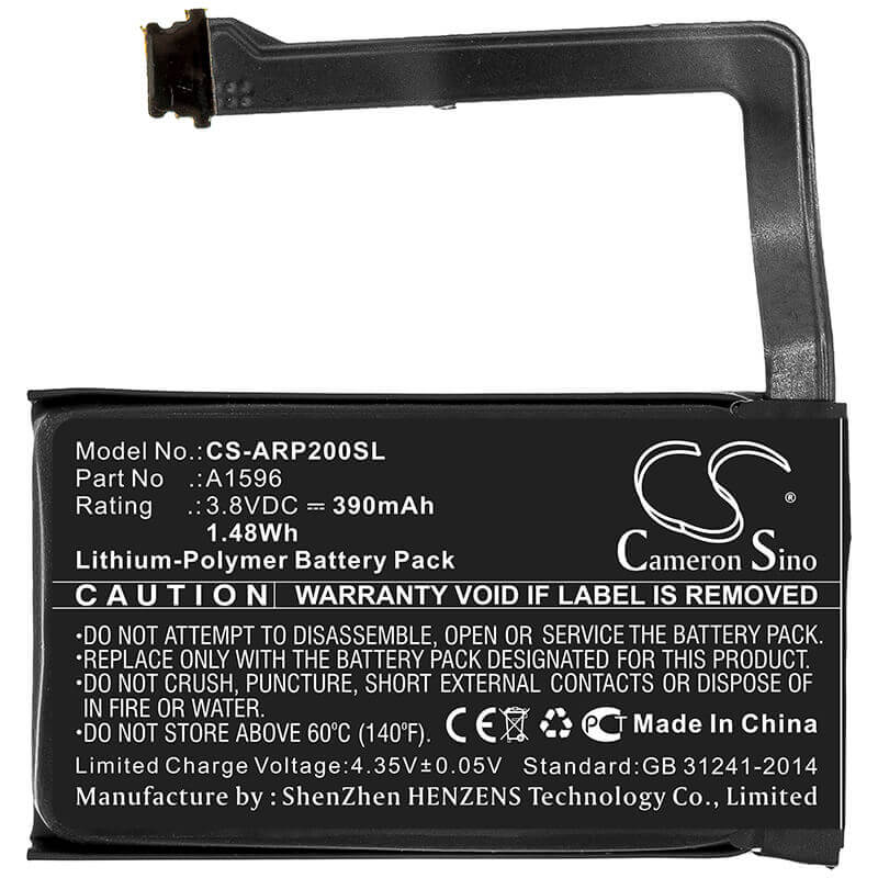 3.8V, Li-Polymer, 390mAh, Headset battery fits Apple, A1596, Airpods 2 Charging Case, Airpods Charging Case, 1.48Wh Wireless Headset Cameron Sino Technology Limited
