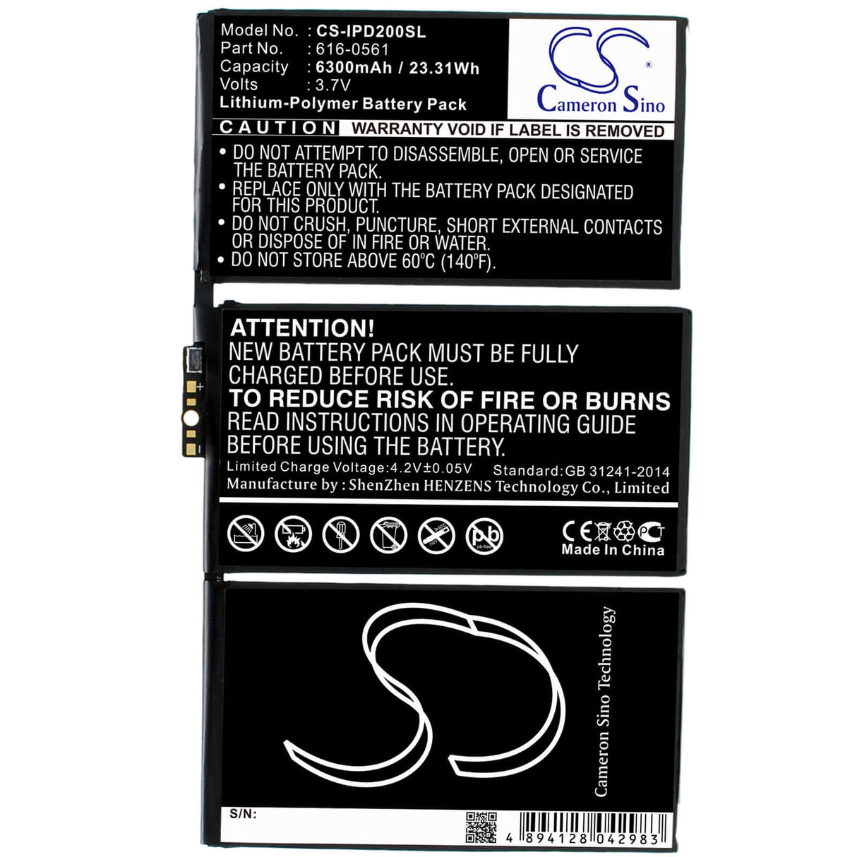 3.7V, Li-Polymer, 6300mAh, Tablet battery fits Apple, 616-0559, A1316, A1376, 23.31Wh Tablet Cameron Sino Technology Limited