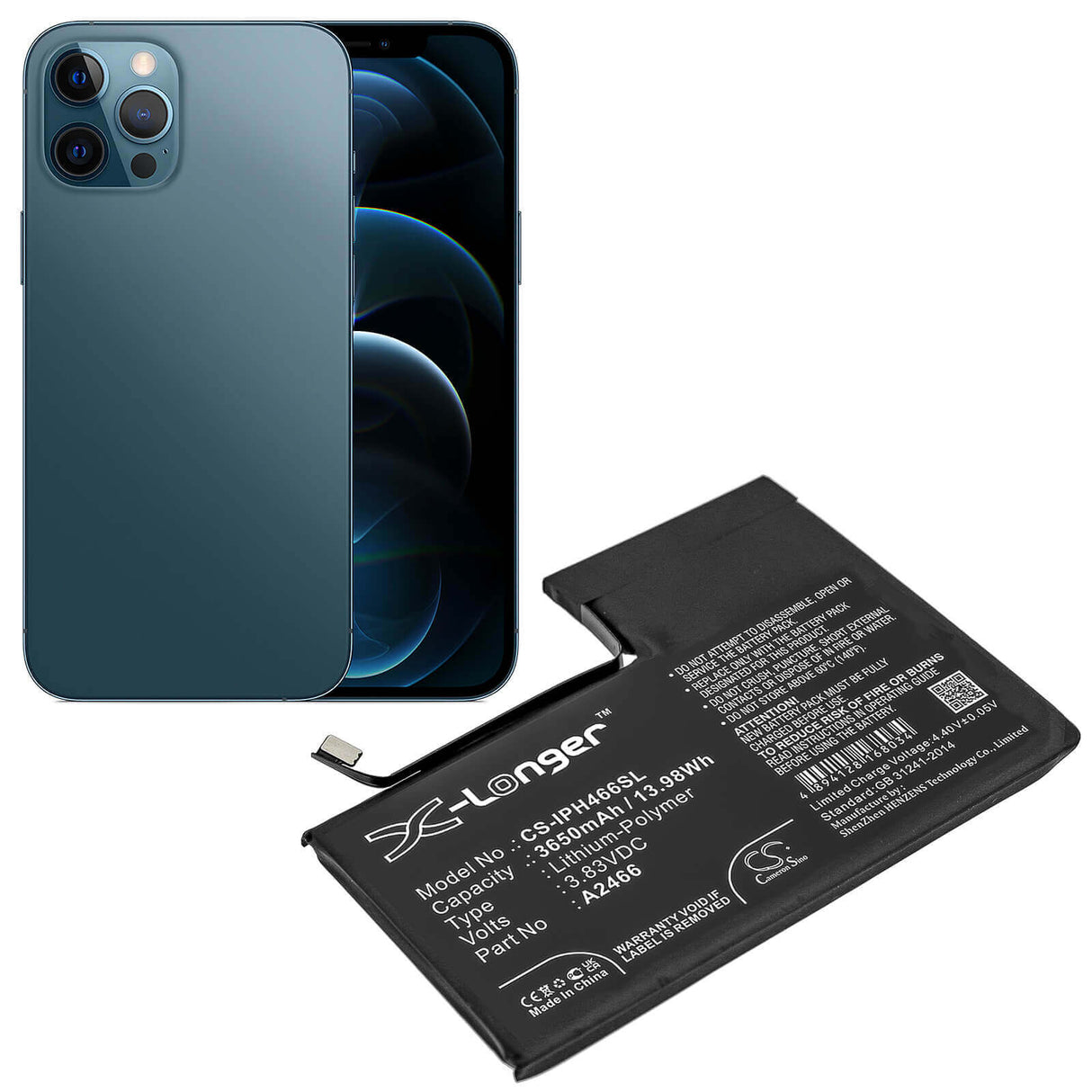 3.83V, Li-Polymer, 3650mAh, SmartPhone battery fits Apple, A2466, Iphone 12 Pro Max, 13.98Wh Mobile, SmartPhone Cameron Sino Technology Limited (Smartphone)