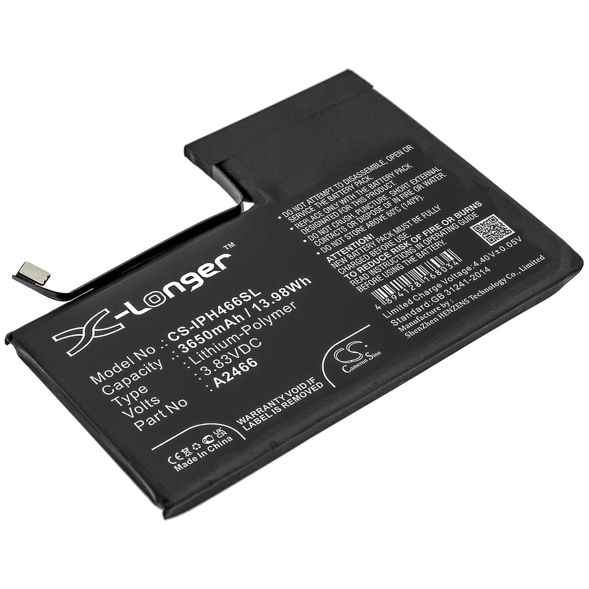 3.83V, Li-Polymer, 3650mAh, SmartPhone battery fits Apple, A2466, Iphone 12 Pro Max, 13.98Wh Mobile, SmartPhone Cameron Sino Technology Limited (Smartphone)