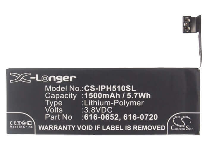 3.8V, Li-Polymer, 1500mAh, SmartPhone battery fits Apple, 616-0652, A1234, A1457, 5.7Wh Mobile, SmartPhone Cameron Sino Technology Limited (Smartphone)