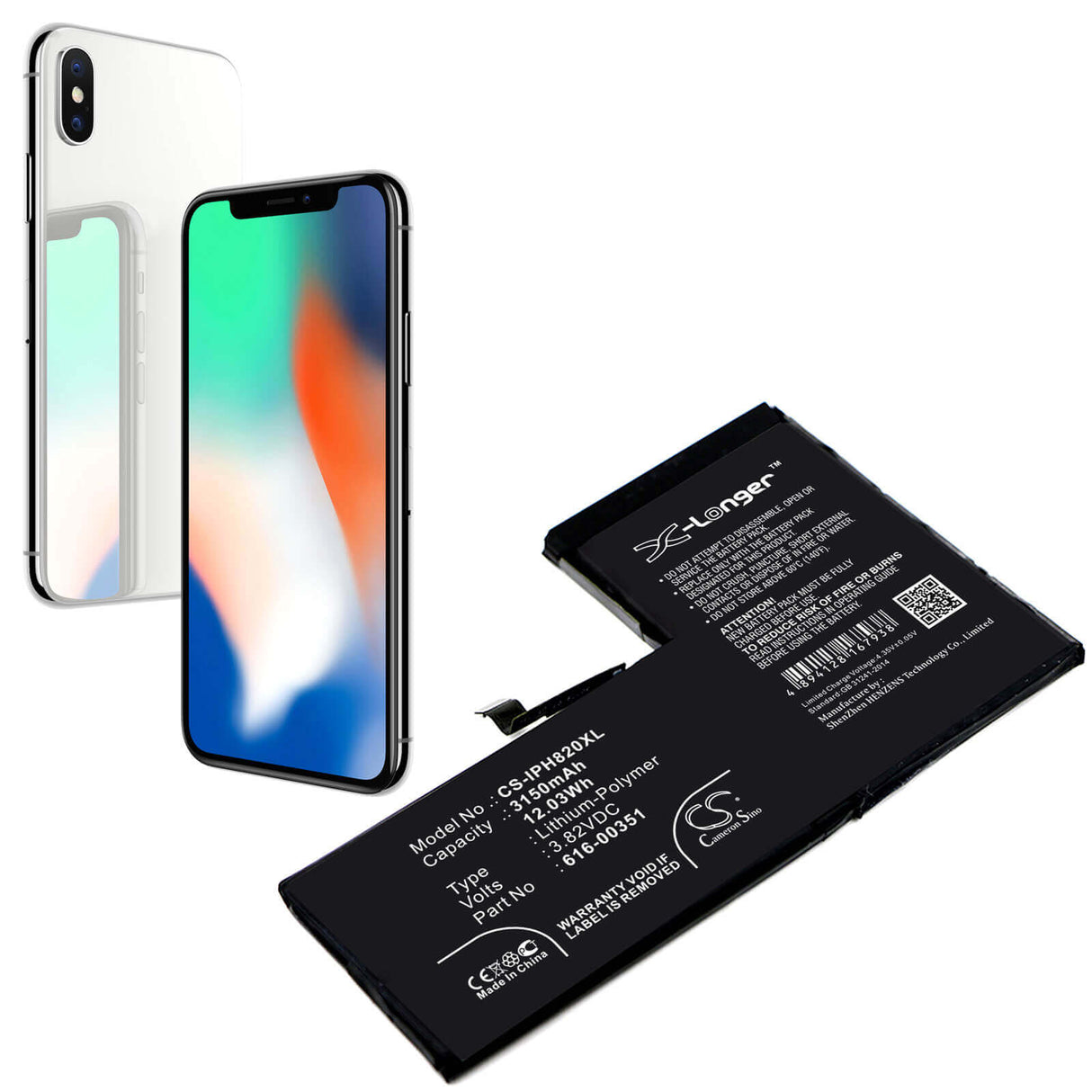 3,82V, Li-Polymer, 3150mAh, batterie de smartphone compatible Apple, 616-00351, Iphone X, Mqa52ll/a, 12,03Wh Mobile, Smartphone Cameron Sino Technology Limited (Smartphone)