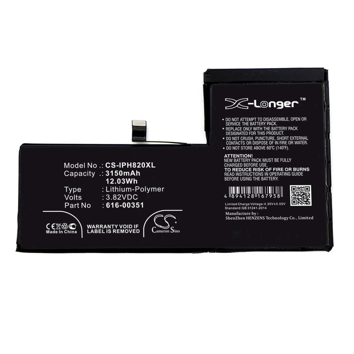 3,82V, Li-Polymer, 3150mAh, batterie de smartphone compatible Apple, 616-00351, Iphone X, Mqa52ll/a, 12,03Wh Mobile, Smartphone Cameron Sino Technology Limited (Smartphone)