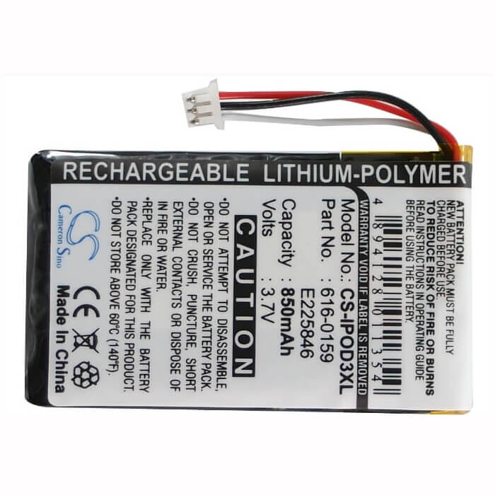 3.7V, Li-Polymer, 850mAh, Media Player battery fits Apple, 616-0159, Ipod 10gb M8976ll/a, Ipod 15gb M9460ll/a, 3.15Wh Media Player Cameron Sino Technology Limited