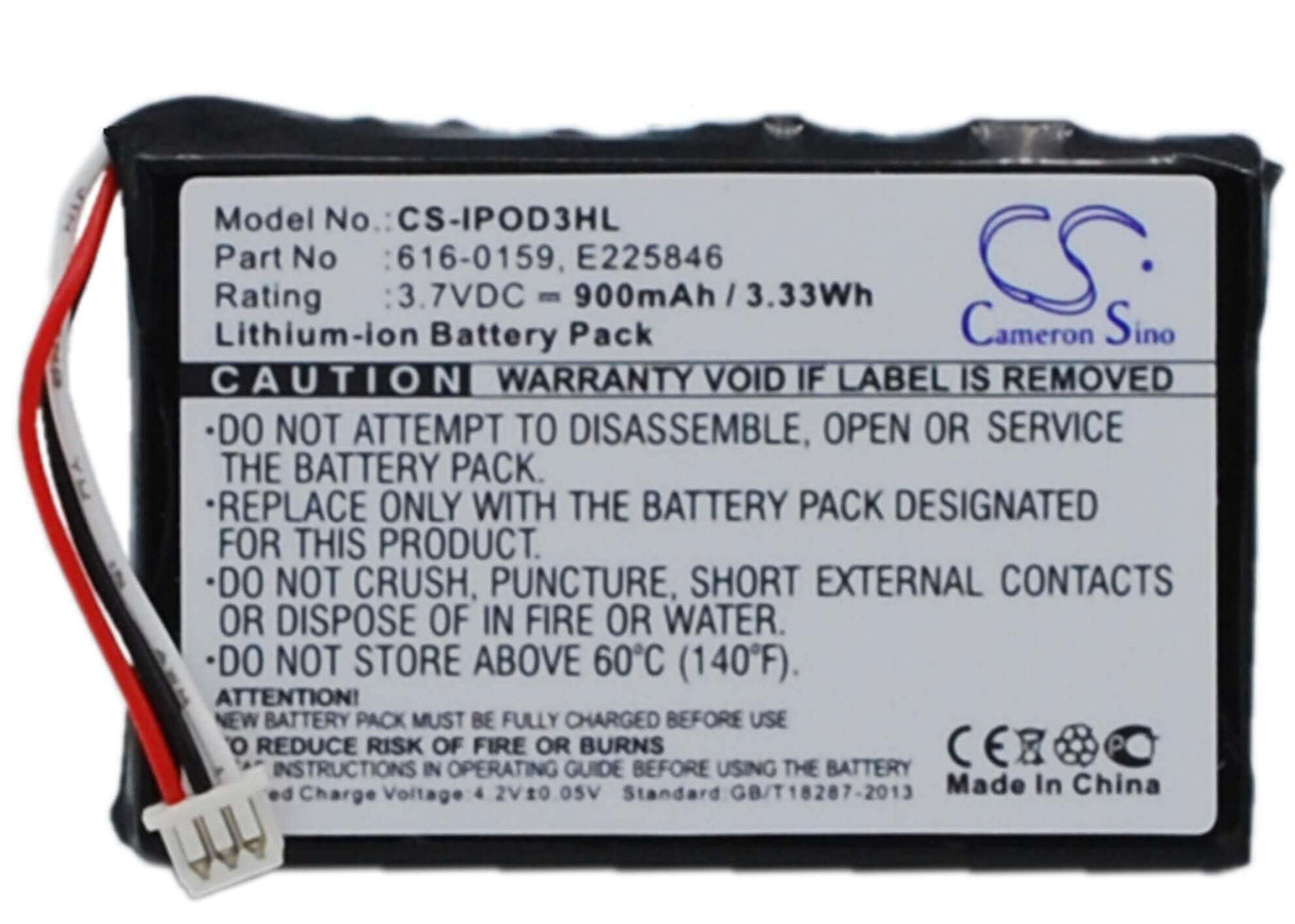 3.7V, Li-ion, 900mAh, Media Player battery fits Apple, 616-0159, Ipod 10gb M8976ll/a, Ipod 15gb M9460ll/a, 3.33Wh Media Player Cameron Sino Technology Limited