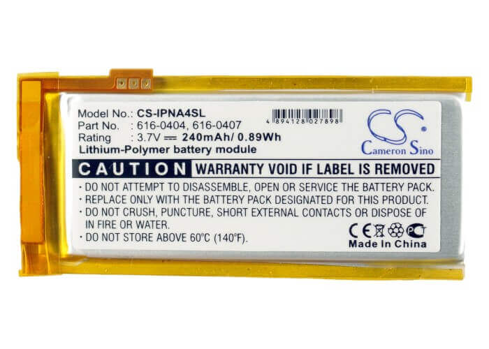 3.7V, Li-Polymer, 240mAh, Media Player battery fits Apple, 616-0405, Ipod Nano 4th 16gb, Ipod Nano 4th 4gb, 0.89Wh Media Player Cameron Sino Technology Limited