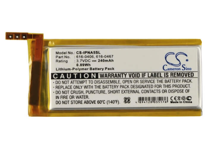 3.7V, Li-Polymer, 240mAh, Media Player battery fits Apple, 616-0406, Ipod Nano 5th, 0.89Wh Media Player Cameron Sino Technology Limited