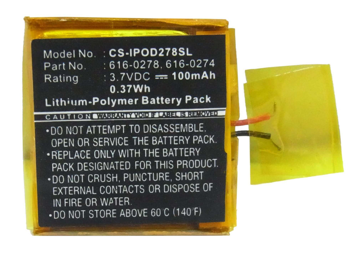 3.7V, Li-Polymer, 100mAh, Media Player battery fits Apple, 616-0274, Ipod Shuffle G2 1gb, Ipod Shuffle G3, 0.37Wh Media Player Cameron Sino Technology Limited