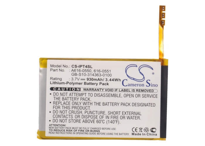 3.7V, Li-Polymer, 930mAh, Media Player battery fits Apple, 616-0550, Ipod Touch 4th, 3.44Wh Media Player Cameron Sino Technology Limited