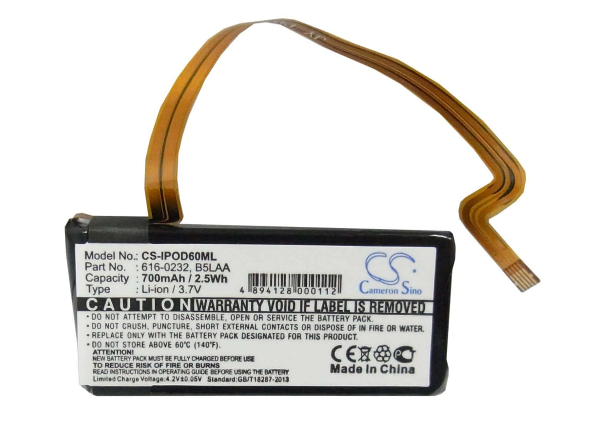 3.7V, Li-ion, 700mAh, Media Player battery fits Apple, Microsoft, 616-0232, Ipod Classic 120gb, Ipod Classic 160gb, 2.59Wh Media Player Cameron Sino Technology Limited