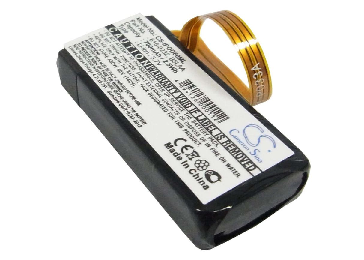 3.7V, Li-ion, 700mAh, Media Player battery fits Apple, Microsoft, 616-0232, Ipod Classic 120gb, Ipod Classic 160gb, 2.59Wh Media Player Cameron Sino Technology Limited