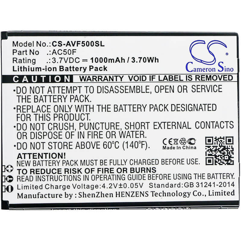 3,7V, Li-ion, 1000mAh, Batterie de smartphone compatible avec Archos, Ac50f, 50f Neon, 3,7Wh Mobile, Smartphone Cameron Sino Technology Limited (Smartphone)