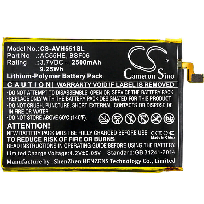 3.7V, Li-Polymer, 2500mAh, SmartPhone battery fits Archos, Ac55he, 55 Helium Ultra, A55 Helium, 9.25Wh Mobile, SmartPhone Cameron Sino Technology Limited (Smartphone)