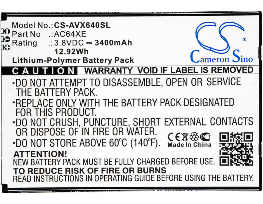 3.8V, Li-Polymer, 3400mAh, SmartPhone battery fits Archos, Ac64xe, 64 Xenon, 12.92Wh Mobile, SmartPhone Cameron Sino Technology Limited (Smartphone)