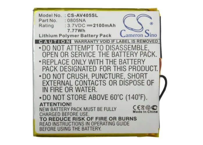 3.7V, Li-Polymer, 2100mAh, Media Player battery fits Archos, 0805na, Av405, Av405 Protable Media Player 2g, 7.77Wh Media Player Cameron Sino Technology Limited (Suspended)