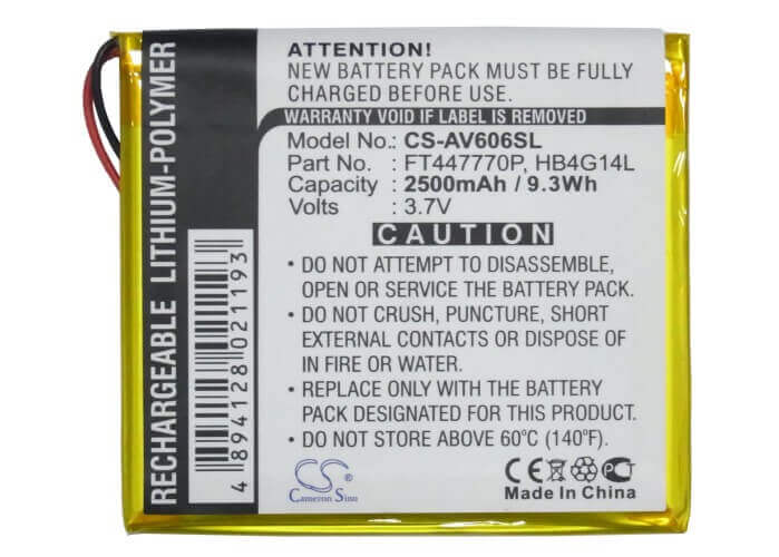 3.7V, Li-Polymer, 2500mAh, Media Player battery fits Archos, Ft447770p, Av605 120gb, Av605 160gb, 9.25Wh Media Player Cameron Sino Technology Limited